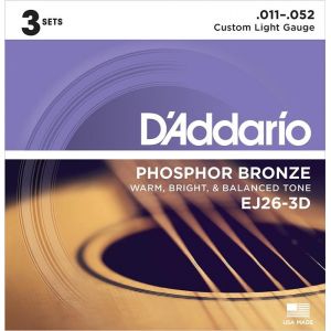 D'Addario Phosphor Bronze 11-52 Acoustic Guitar Strings 3 Pack