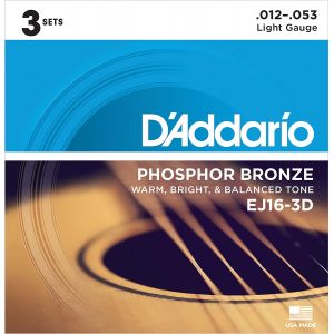 D'Addario Phosphor Bronze 12-53 Acoustic Guitar Strings 3 Pack